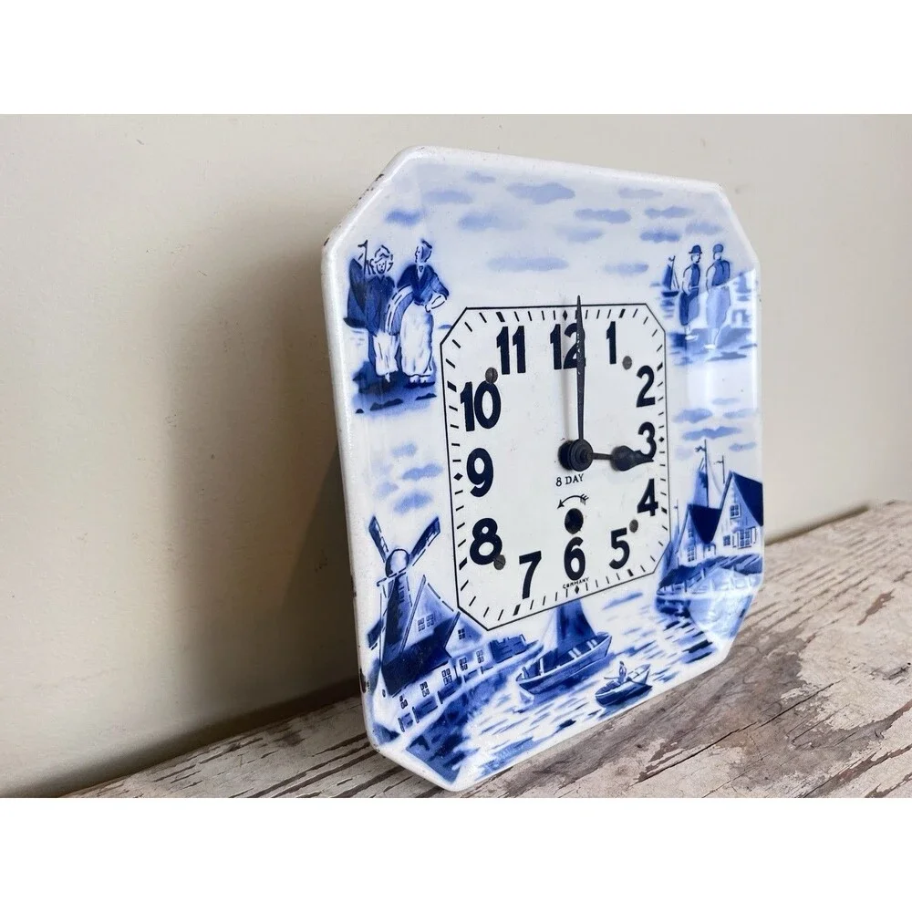 Antique 1920's German Blue Delft 10 Day RARE Wall Plate Clock No Key Untested